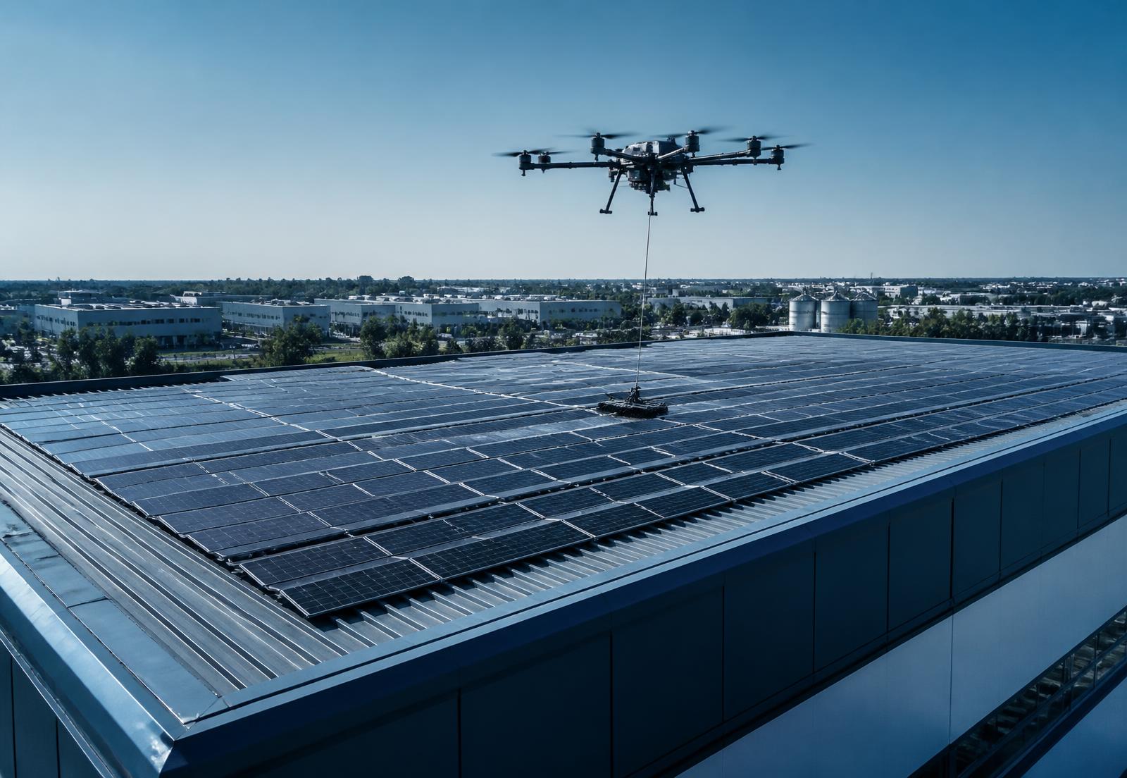 Dron industrial operando sobre paneles solares en un techo