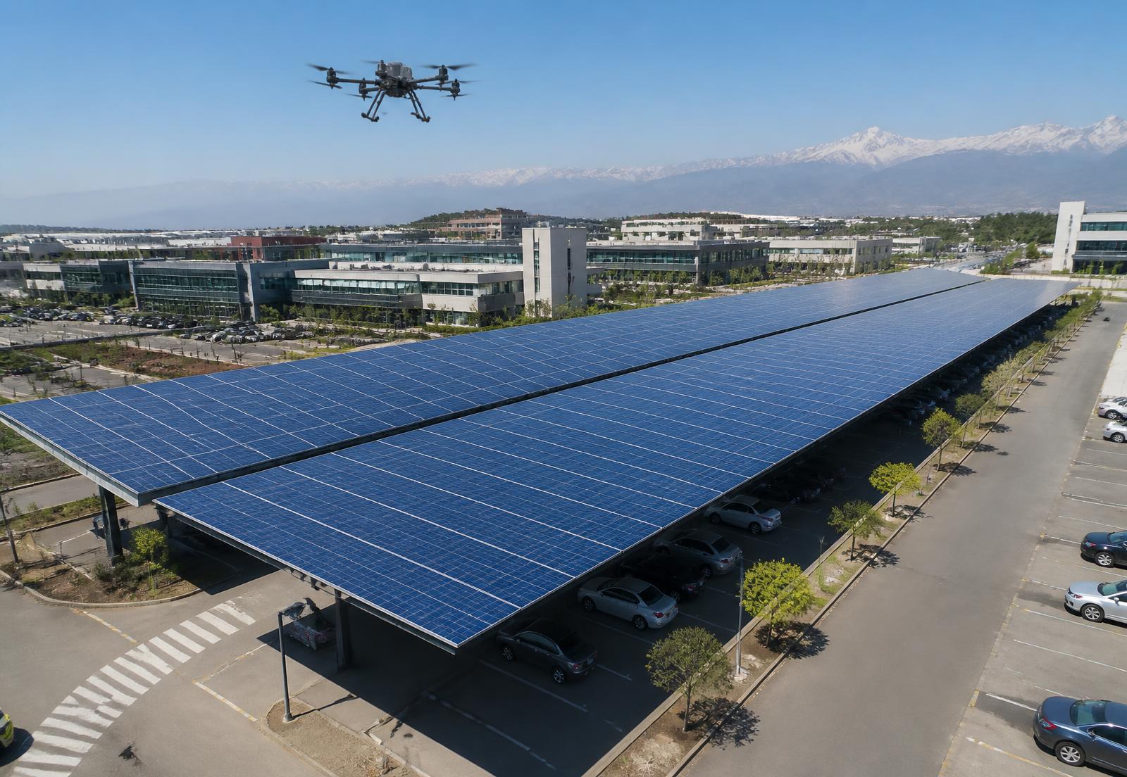 Dron industrial sobre paneles fotovoltaicos instalados en un estacionamiento solar