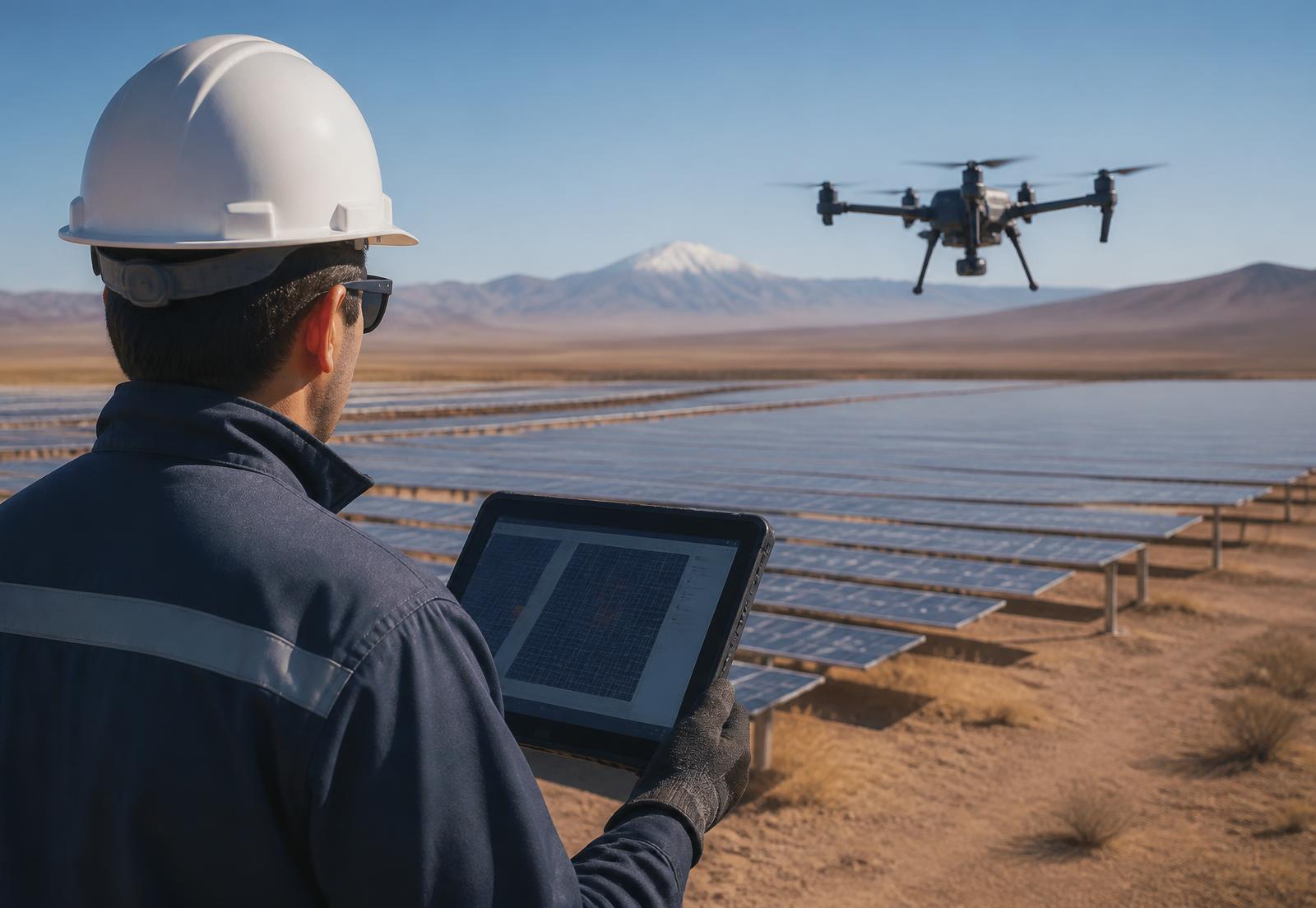 Profesional supervisando una inspección aérea de paneles solares